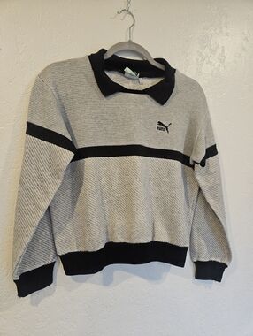 Vintage 80s Puma Polo Sweatshirt Gray Black With Logo Womens Size M with Collar.